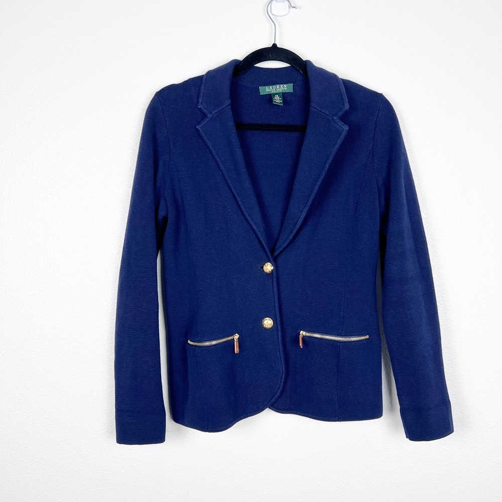 Lauren Ralph Lauren Women‎ Navy Knit Cotton Blazer Gold Button Jacket PS